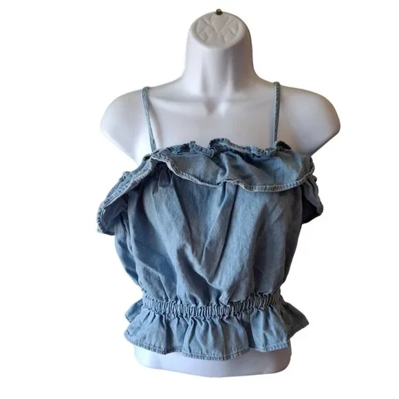 American Eagle Ruffle Denim Crop Top Womens Small Blue Stretch Summer - Picture 1 of 7
